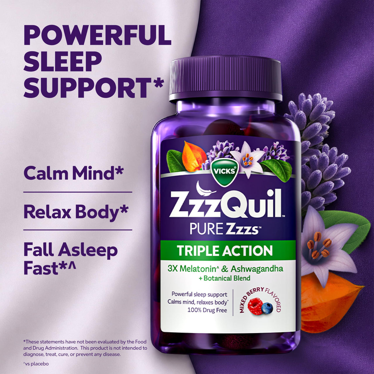 ZzzQuil PURE Zzzs Triple Action, Melatonin Gummies, Melatonin 6mg, 3X Melatonin, Sleep Aid with Ashwagandha, Calm Mood, Antioxidant Action, Sleep Aids for Adults, 60 Sleep Gummies