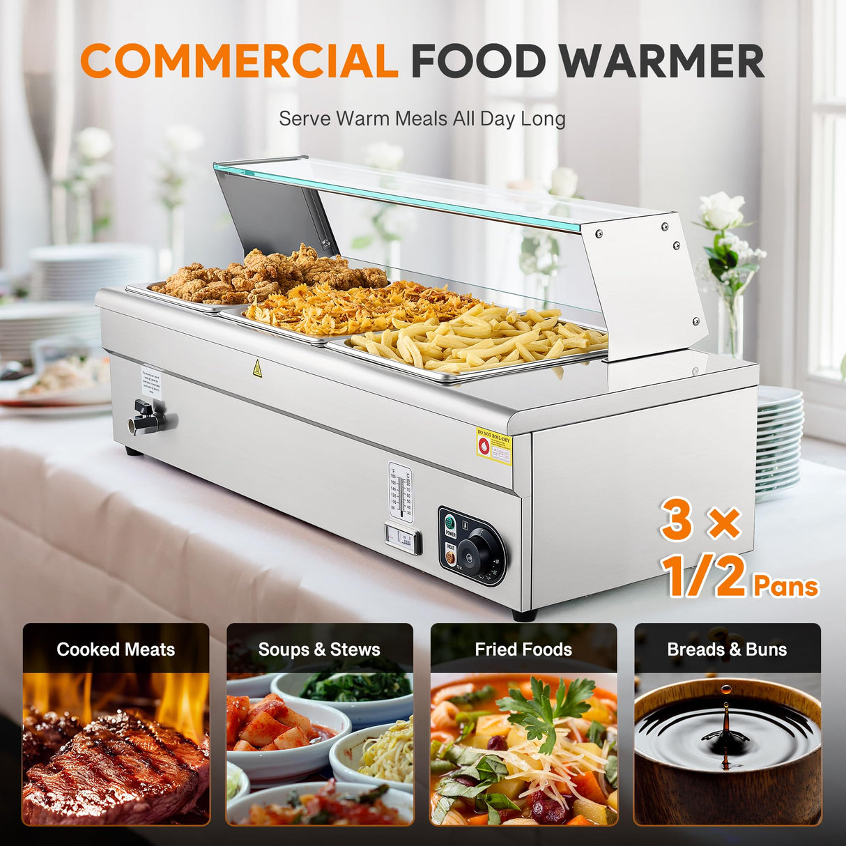WILPREP 3-Pan Commercial Food Warmer with Sneeze Guard, Three 1/2 Pans, 1500W Countertop Electric Steam Table, 86-185°F Adjustable Temp Control, Stainless Steel Buffet Bain Marie