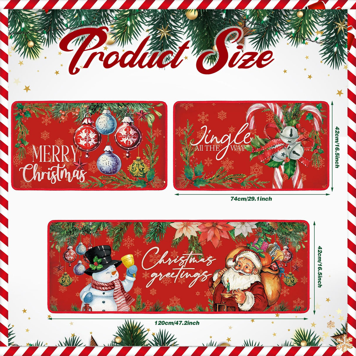 Drydiet 3 Pcs Christmas Kitchen Rugs and Mats Set Xmas Winter Farmhouse Non Slip Rugs Christmas Snowman Candy Holly Berries Floor Mats for Kitchen Home Hallway Holiday Decor, 17 x 29 and 17 x 47 Inch