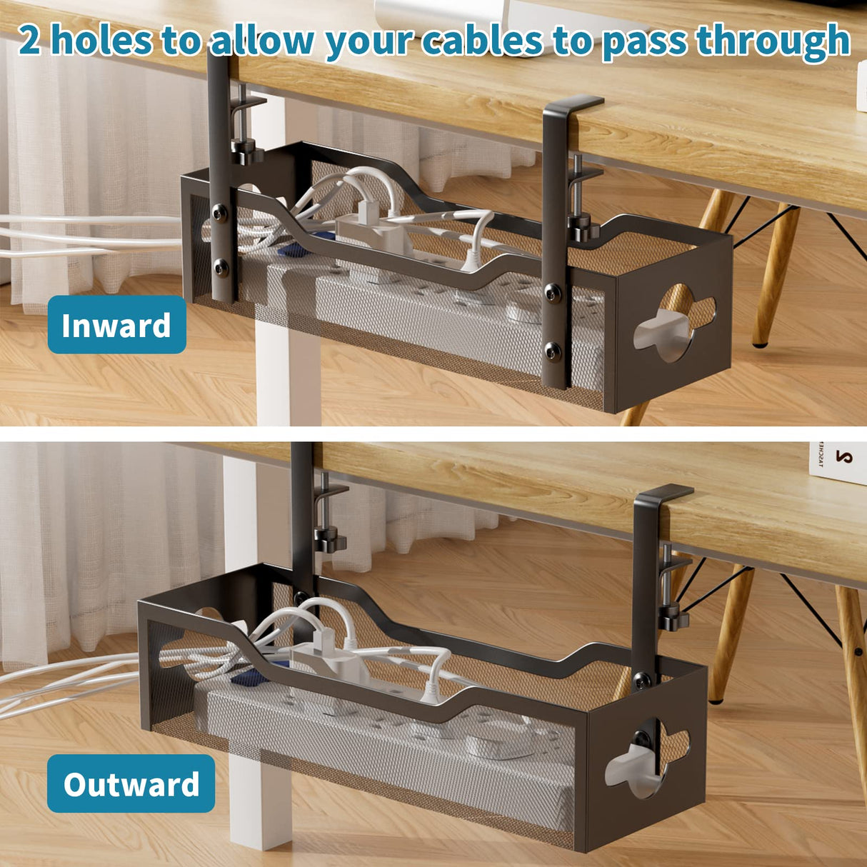 Under Desk Cable Management Tray 2 Pack, Cable Management Under Desk No Drill, Desk Cable Organizer with Clamp Easy to Install for Standing Desk Cord Organizer, Desk Wire Management No Damage to Desk