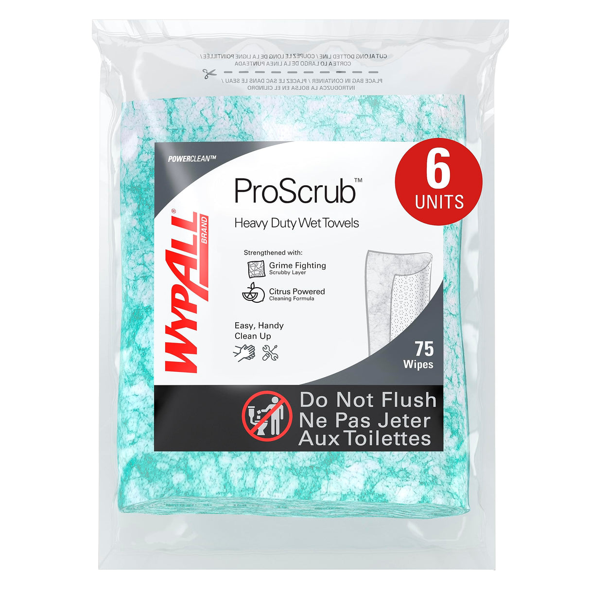 WypAll PowerClean ProScrub Heavy Duty Wet Towels (91367), Dual Action Cleaning, Large 9.5" x 12" Wipes, Refill Only (6 Packs of 75 Sheets, 450 Sheet Total)