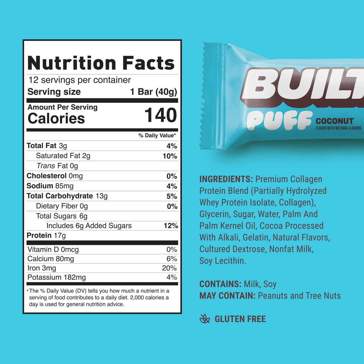 Built Bar, Puff Protein Bars, Coconut Puff, 17g Protein Snacks, On-The-Go Bars, Only 140 Calories, 6g Sugar, Collagen, Gluten Free, 12 Count