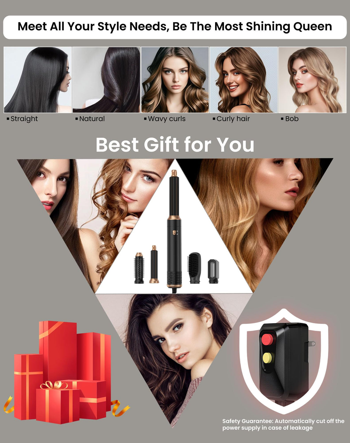 Hair Blow Dryer Brush Set 5 in 1, 1000w Negative Hot Air Styler Set, Compact Hair Dryer,Faster Drying, Shinier Hair,Temperature Portable, Lonic Blow Dryer Grey