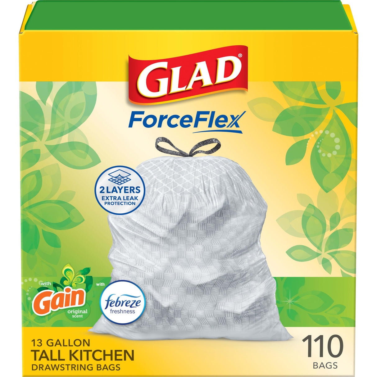 Glad Tall Kitchen Trash Bags 13 Gallon, Gain Original Garbage Bags, Odorshield with Drawstring, 110 Count