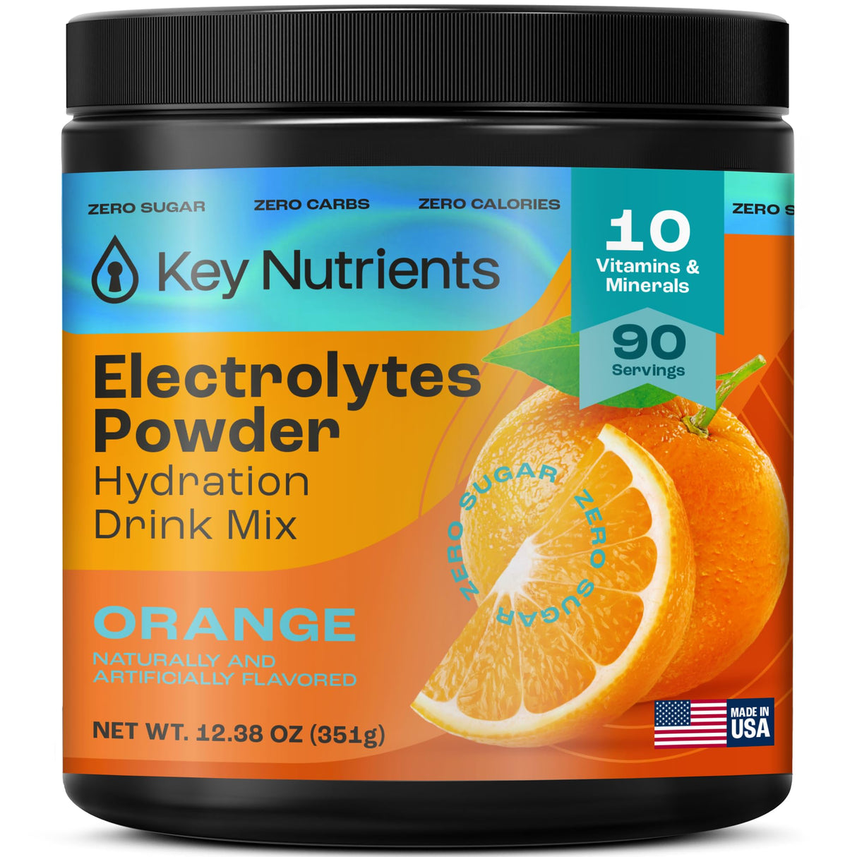 KEY NUTRIENTS Multivitamin Electrolytes Powder No Sugar - Tangy Orange Electrolyte Powder - Endurance & Energy Supplement - Hydration Powder - No Calories - 90 Servings - Made in USA