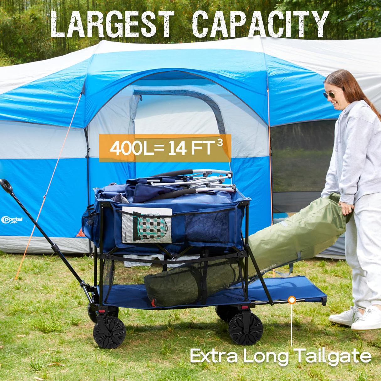 Portal Collapsible Double Decker Wagon Folding Utility Cart with Tailgate, Beach Wagons with Big Wheels, 660LB Heavy Duty Foldable Wagon 14 FT³ Large Capacity for Camping, Sports, Garden