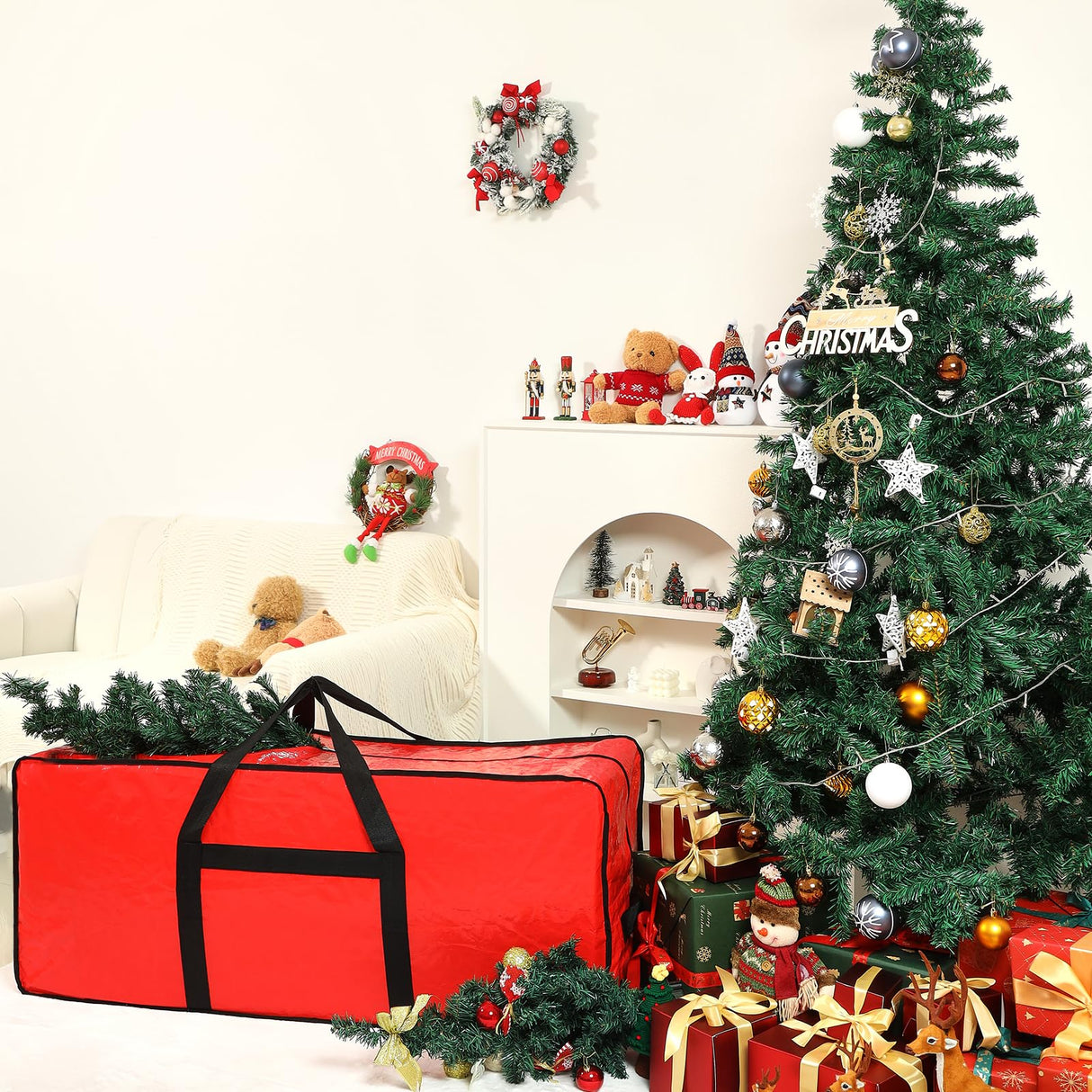 HOMEST Christmas Tree Storage Bag, Fits for 6/7.5 ft Xmas Artificials, Zippered Box with Reinforced Carrying Handles and Wheels, Red (Bag Only)