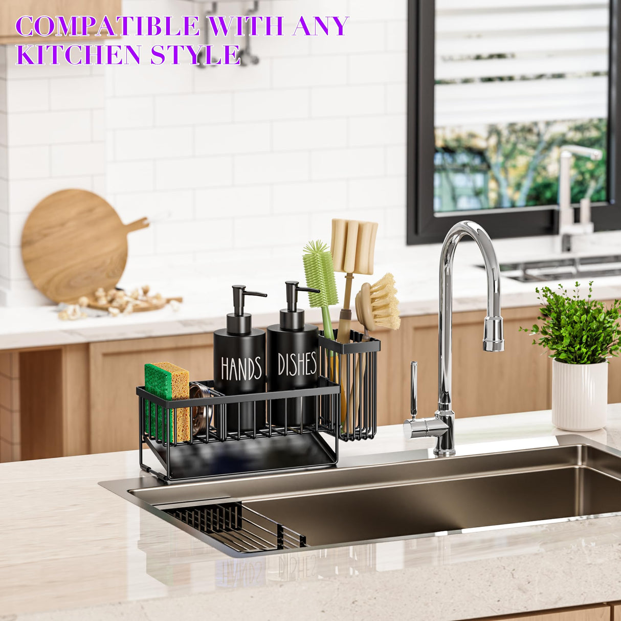 MASADI Kitchen Dish Soap Dispenser Set with Sponge Holder, 12OZ Glass Bottle, Hand and Dish Soap Dispenser Set, Non-Slip Silicone Pad, Brush Holder, Kitchen Sink Organizer Countertop (Black)