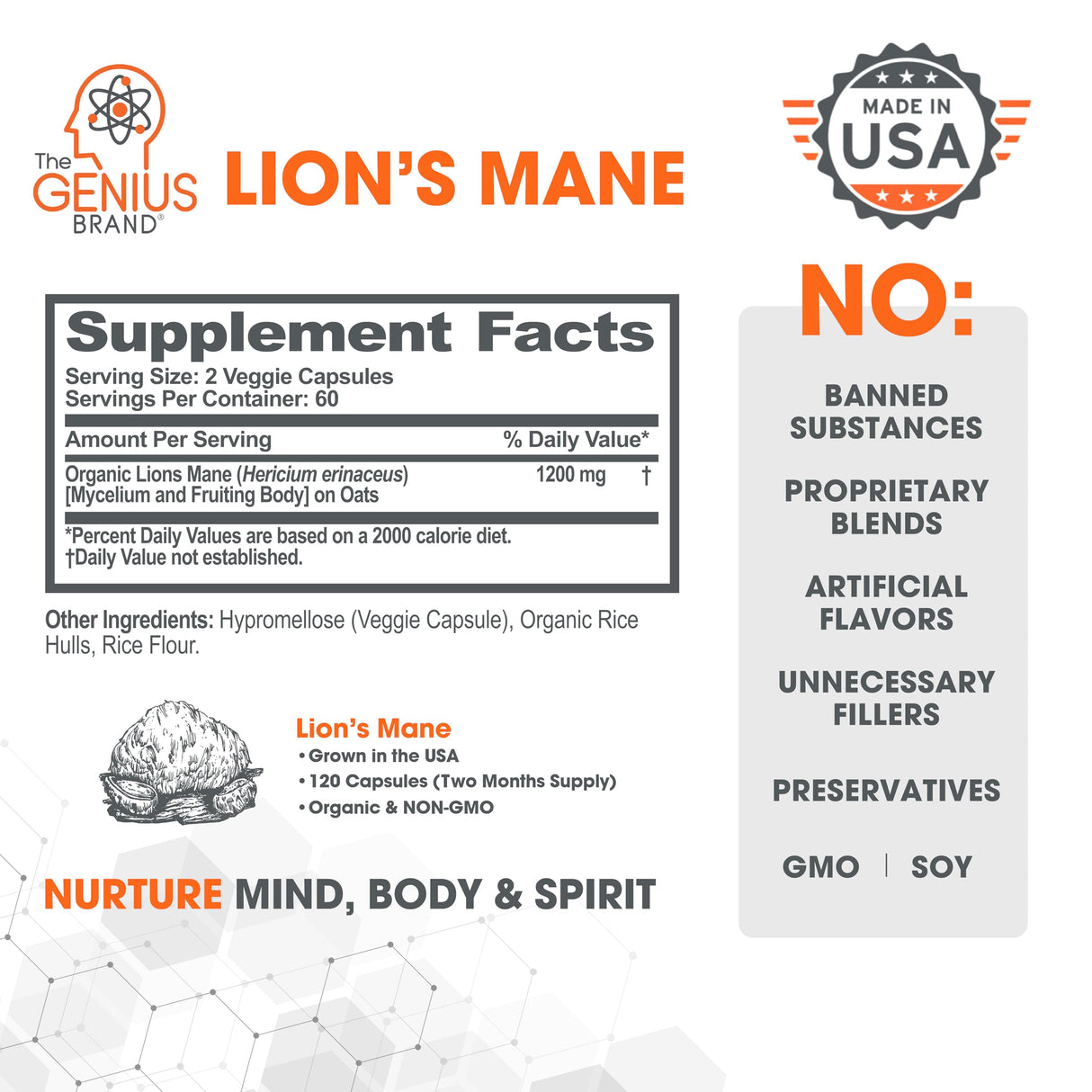Genius Lion’s Mane Supplement Capsules – Organic Full Spectrum Mushrooms for Cognition, Focus & Memory – 1,200mg Per Serving, 120 Count (60 Servings) – Grown in The USA