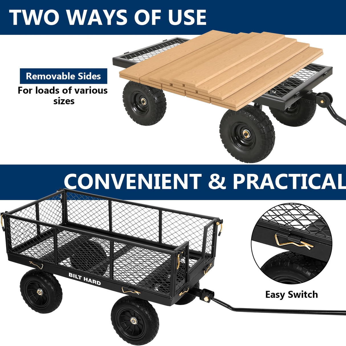 BILT HARD 10" Flat Free Tires Heavy Duty Garden Cart with 180° Rotating Handle and Removable Sides, 4 Cu.Ft 880 lbs Capacity Utility Steel Wagons for Outdoor, Yard