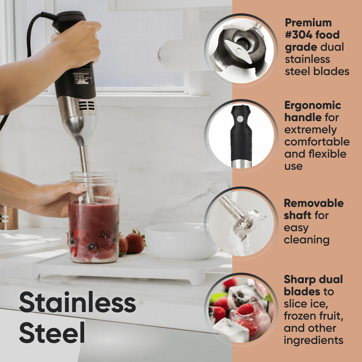 TK Tartle Kitchen Handheld Immersion Blender 220W - 7” Stainless Steel with 8 Speeds - 110V + 1-Yr Coverage and 24/7 Pro Chef Support