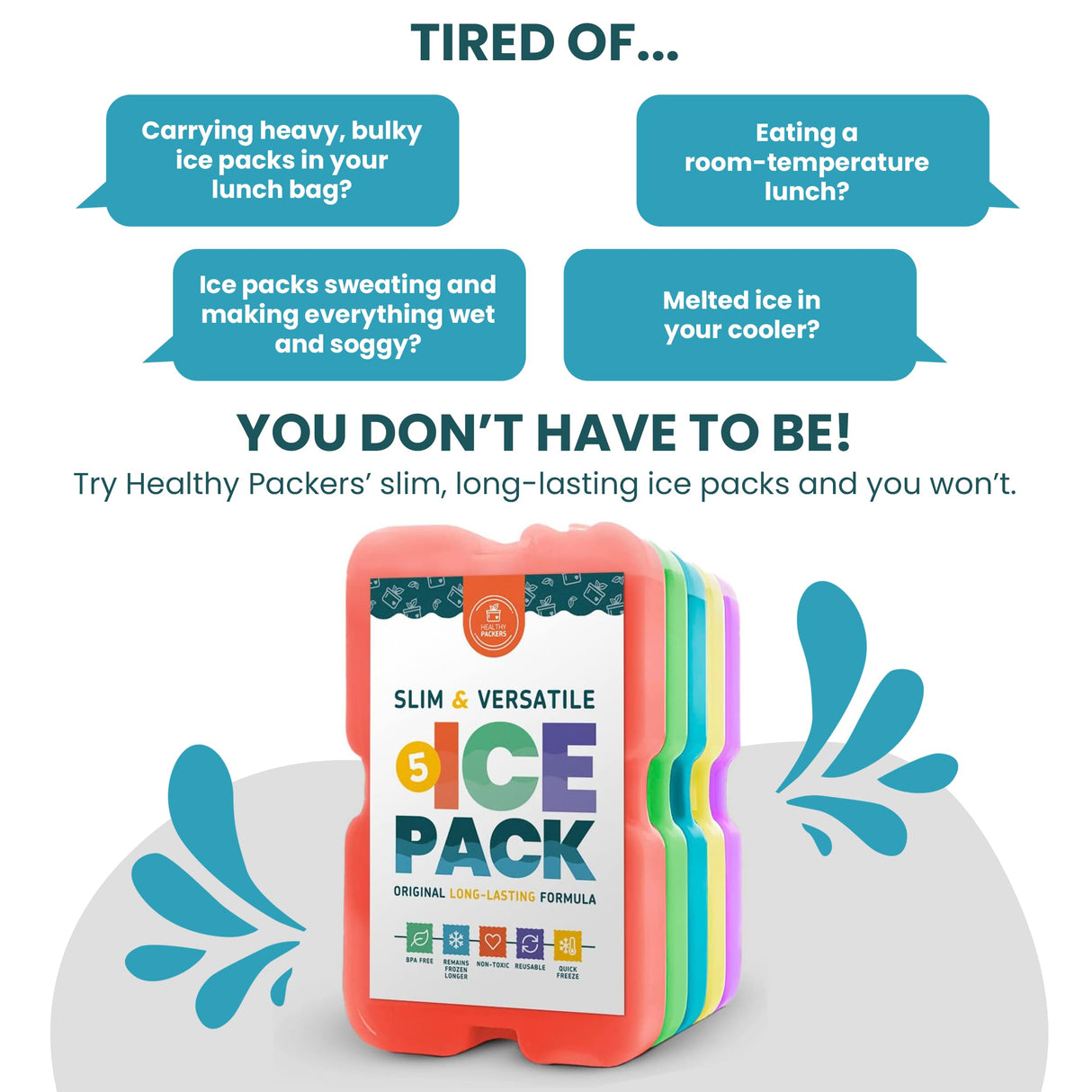 Healthy Packers Ice Pack for Lunch Box - Freezer Packs - Original Cool Pack (Set of 5) | Slim & Long-Lasting Ice Packs for Your Lunch or Cooler Bag (Combo)
