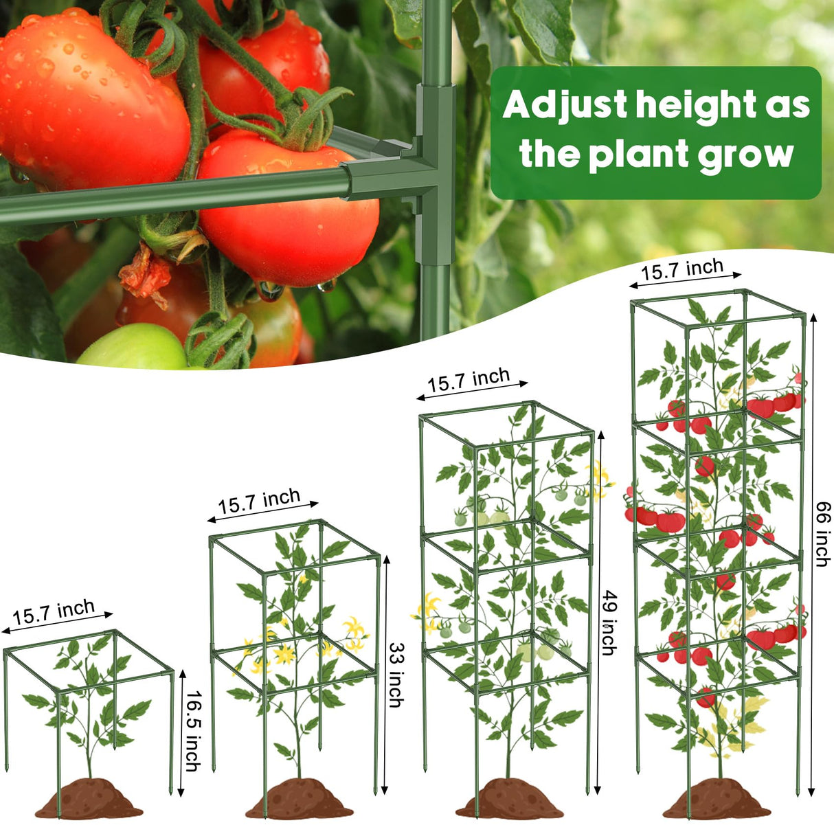 3 Pack Tomato Cage, 14.5" W x 53" H Square Tomato Trellis with 50 Pcs Clips