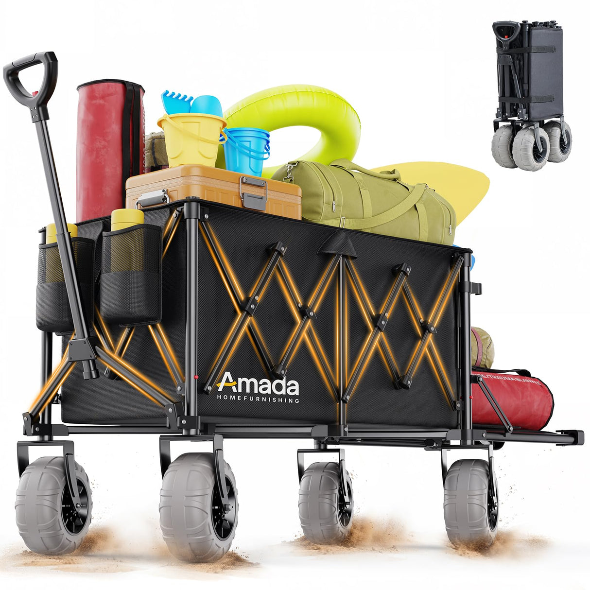 Beach Wagon with Big Wheels for Sand, 260L Capacity, Heavy Duty All-Terrain Folding Wagon with Expandable Rear, Durable Carbon Steel Frame & Big 8.3" Wheels for Beach, Outdoor & Camping Activities