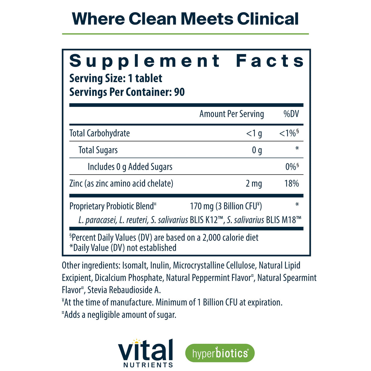 Hyperbiotics Vital Nutrients Pro Dental Probiotic | Clinically Studied BLIS K12 and M18 | Oral Probiotics for Bad Breath treatment for adults | Oral Health for teeth and gums | 90 Mint Tablets
