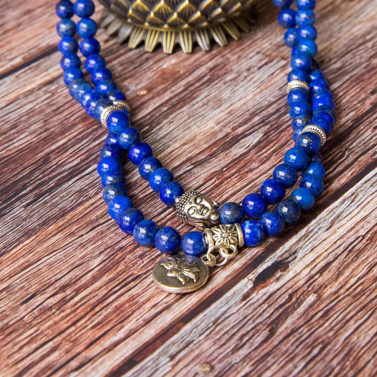 Bivei 108 Mala Beads Necklace Beaded Wrap Bracelets Genuine Gemstone Mala Prayer Beads Lotus Charm Yoga Meditation Necklace - Lapis Lazuli
