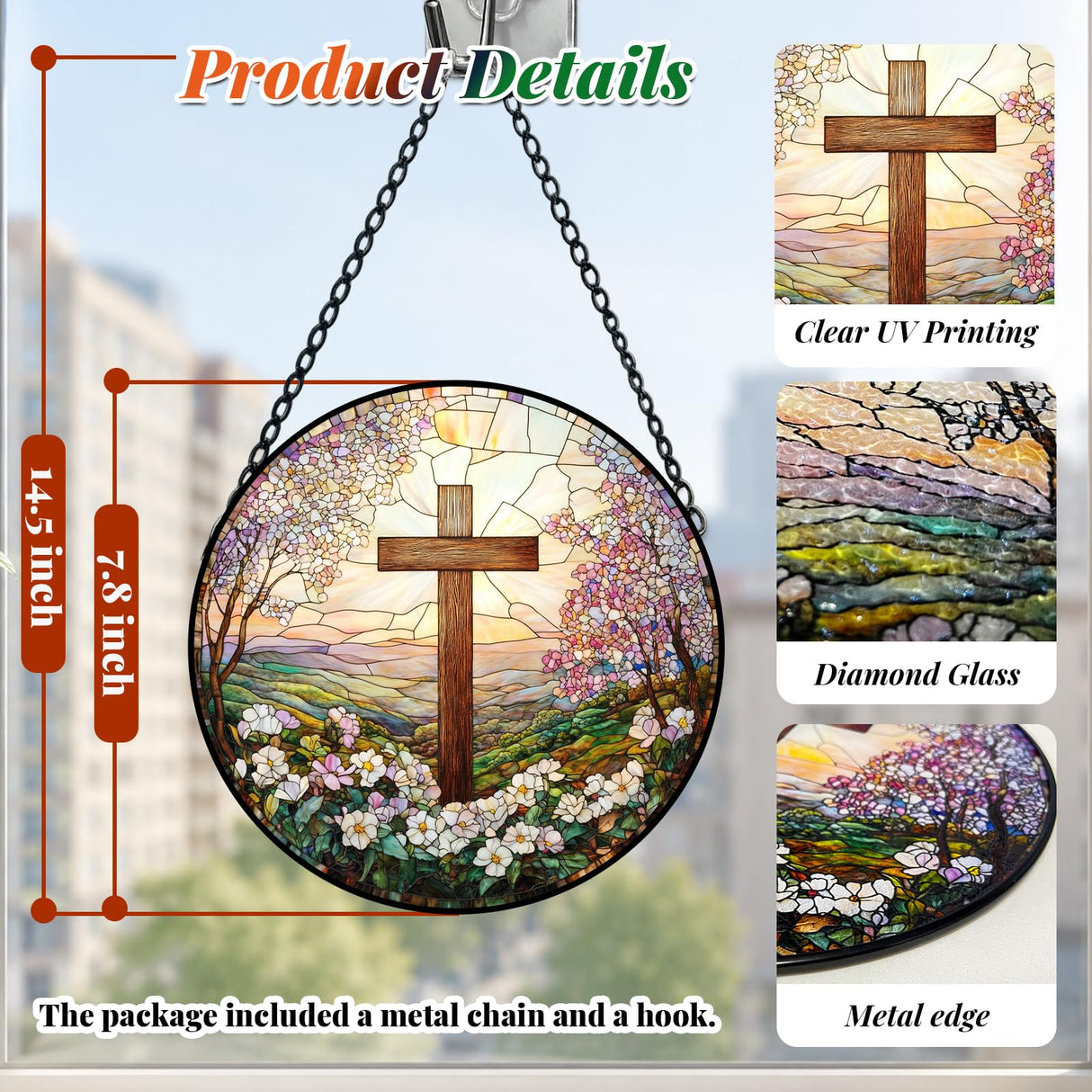 Cross and Wildflowers Stained Glass Sun Catcher,Christian Suncatchers Window Hanging Flower Cross Gift for Religious Home Decor, Easter Faith Christmas Christian Gifts for Mom 7.8 Inch