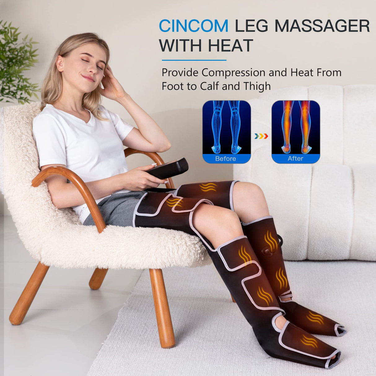 CINCOM Leg Massager with Heat and Compression, 3-in-1 Foot Calf & Thigh Massager for Circulation and Pain Relief Helpful for Lymphedema Edema Restless and Relaxation - FSA HSA Eligible