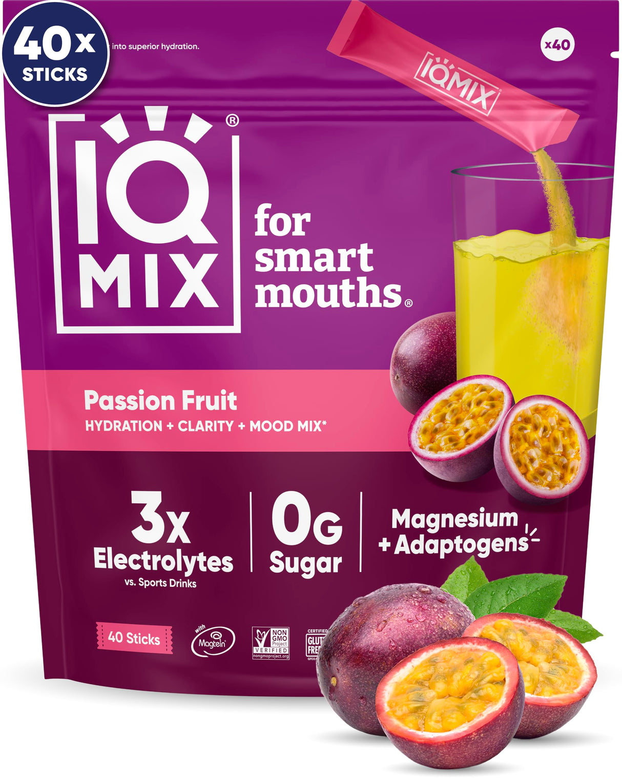 IQMIX Hydration Electrolyte Powder – 4-in-1 Formula for Hydration, Mental Clarity, Mood and Recovery – Sugar-Free Drink Mix, Keto, Magnesium L-Threonate, Lion’s Mane – 40 Count Passion Fruit