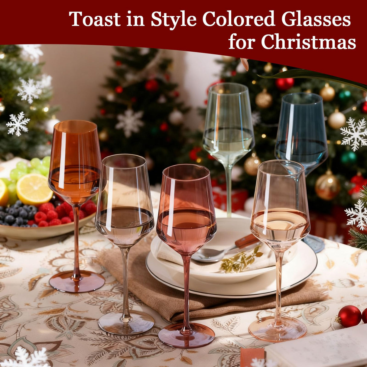 comfit Colored Wine Glasses Set of 6-15 oz Hand-blown Lead-free Crystal - Birthday Wedding Housewarming Christmas Gifts for Wine Lovers Women, Mom, Wife, Friend, Sister, Daughter