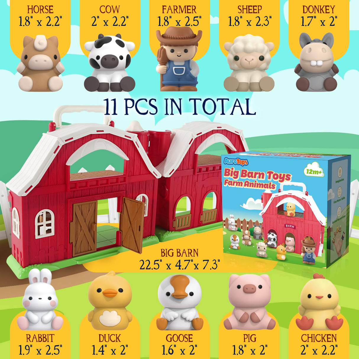 AuroTops Toys for 1 2 3 Years Old Boys and Girls, Big Barn Playset with Farm Animal, Preschool Montessori Toy, Farm Playset with Big Red Barn & Farmer, Christmas & Birthday Gift Toy for Kids