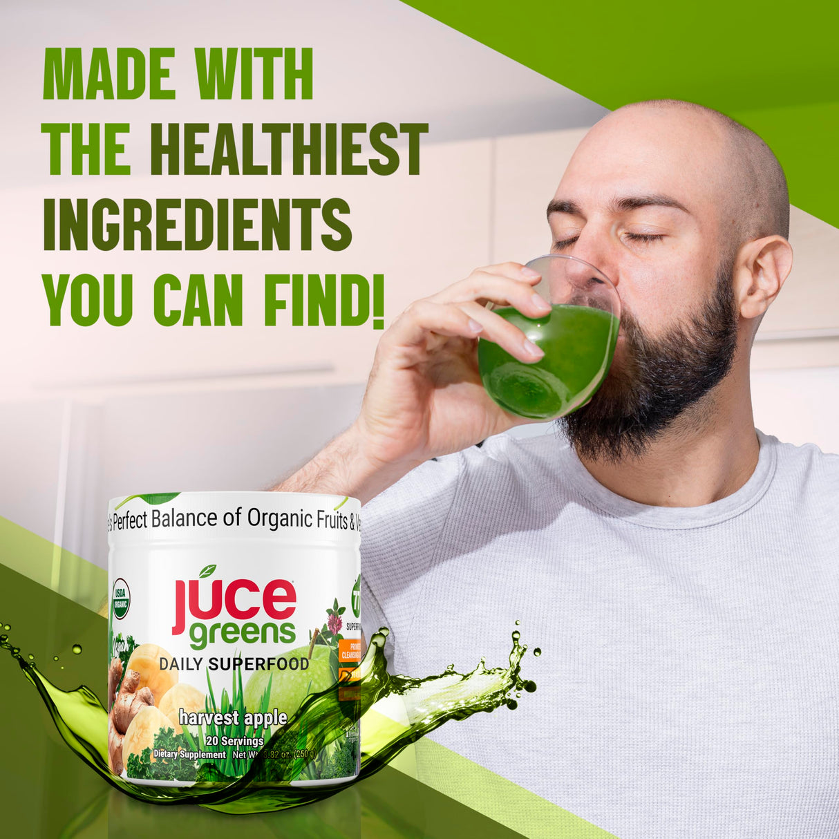 JUCE Green Superfood Powder, Organic Fruits and Veggies Supplement W/ 77 Superfoods Plus Prebiotic Probiotic Blend, Harvest Apple Flavor - 20 Servings (230 g) - By Terra Kai Organics