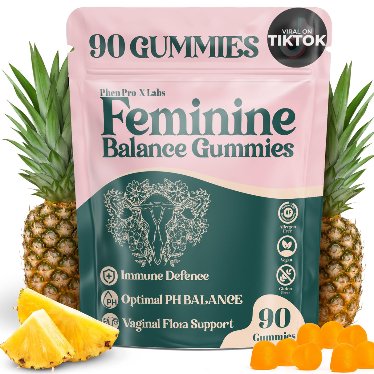 Premium Feminine Balance Gummies for Women’s - Hawaiian Pineapple Gummies for Women pH, 4-in-1 Benefits Includes pH Balance, Healthy Odor, Flora and Immune Support -90 Count (Vegan & Gluten-Free)