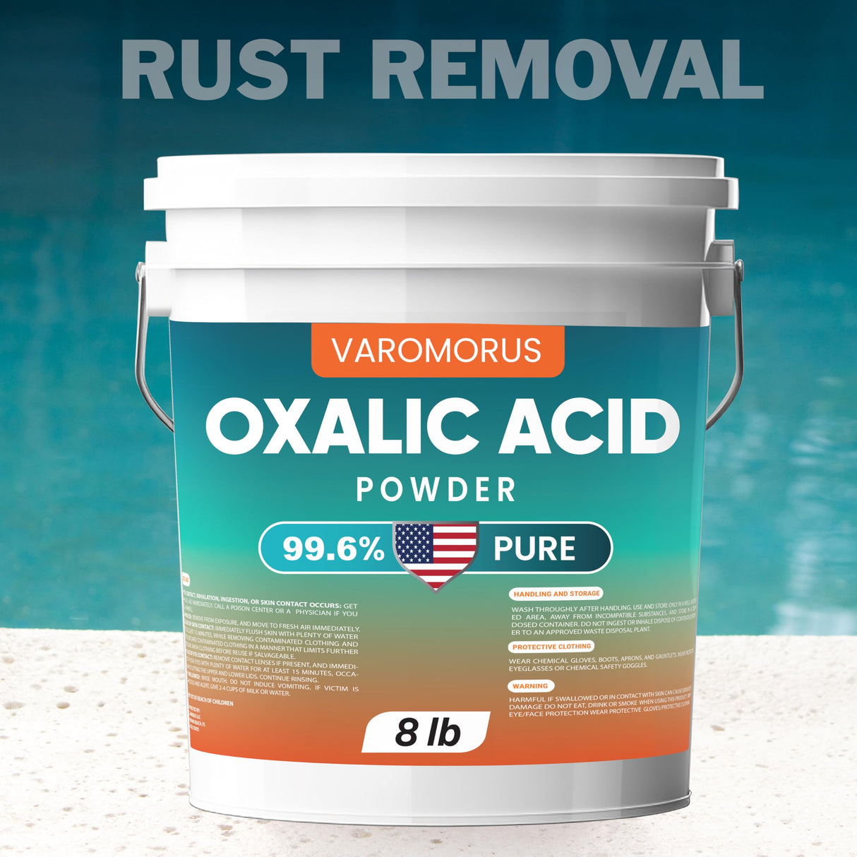 Varomorus Oxalic Acid 8 lbs - 99.6% Pure Fine Powder, Multi-Use Cleaner and Stain Remover for Wood, Metal, Rust, Wood Bleach, Hardwood Floor & Furniture Restorer, Pool - Industrial Cleaning Solution