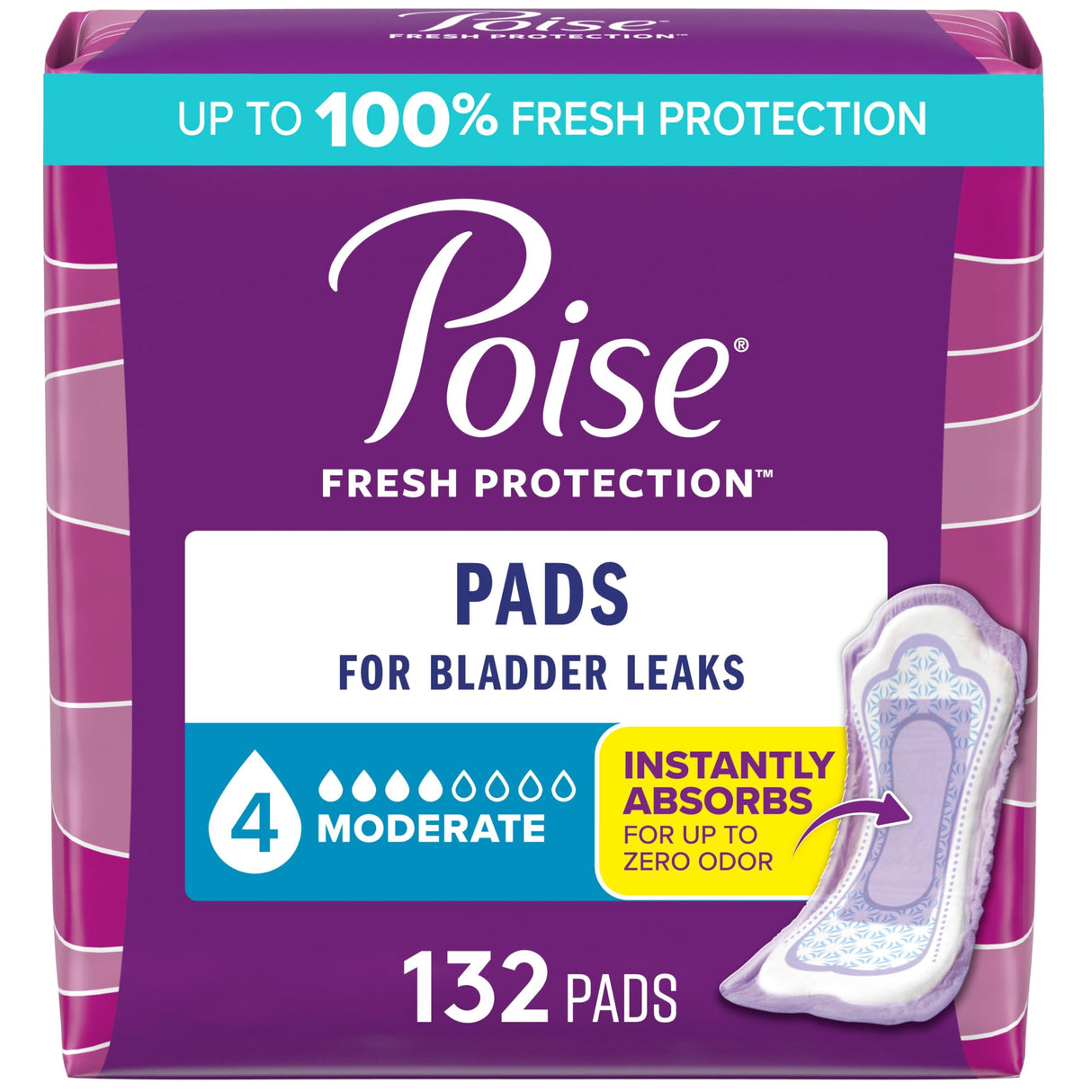 Poise Incontinence & Postpartum Pads for Bladder Leaks, 4 Drop Moderate Absorbency, Regular Length, 132 Count, Packaging May Vary
