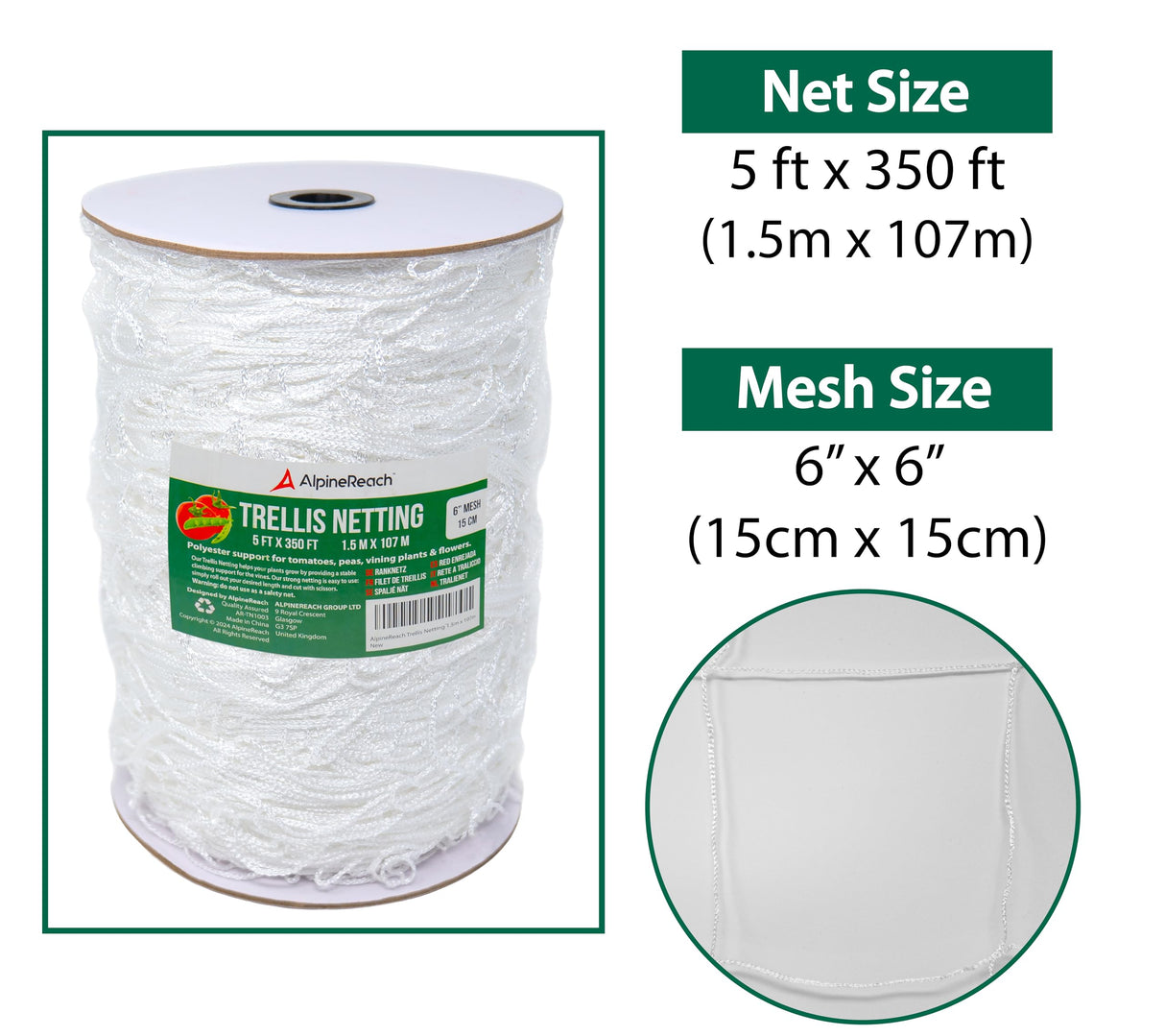 AlpineReach Trellis Netting 5 x 350 ft Heavy Duty Polyester White - 6 Inch Mesh Support Twine for Growing High Yield Tomatoes, Peas, Vine Climbing Plants Fruits Vegetables
