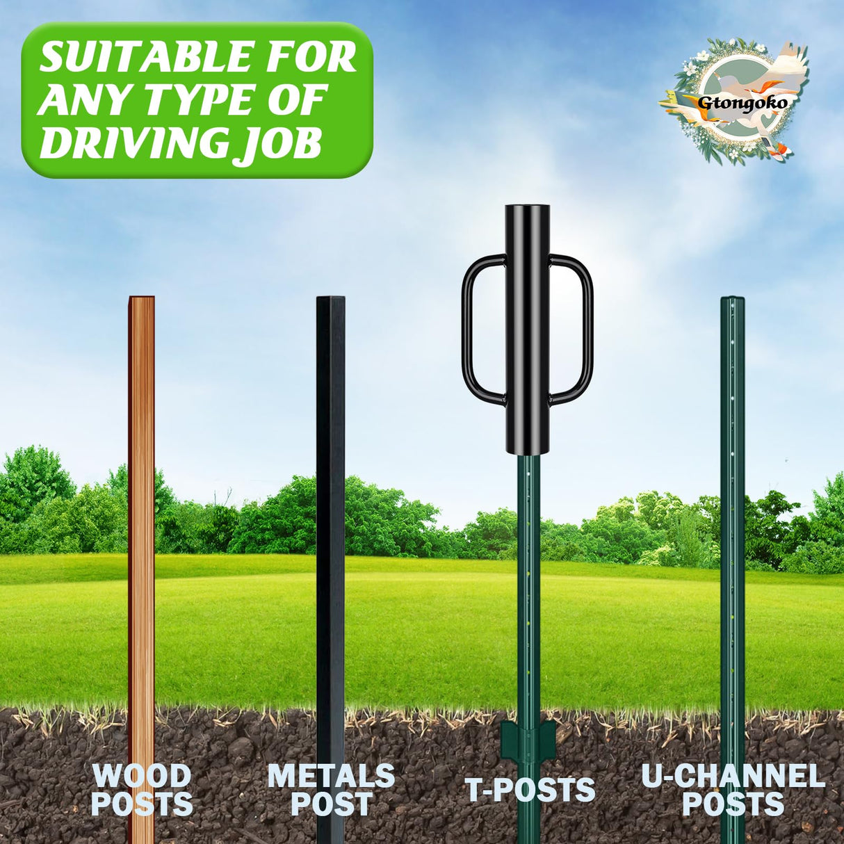 Gtongoko 12LB T Post Driver with Handles Heavy Duty Fence Post Driver Post Pounder for T-Posts,U Channel,Metal Post and Sign Post Pole Driver Tool,17 Inch Black