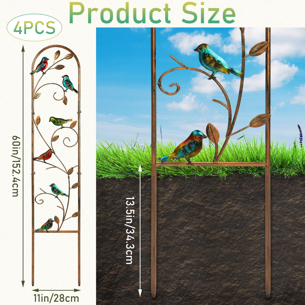 Blulu 4 Pack Metal Garden Trellis for Climbing Plants,60x11 in,Hummingbird