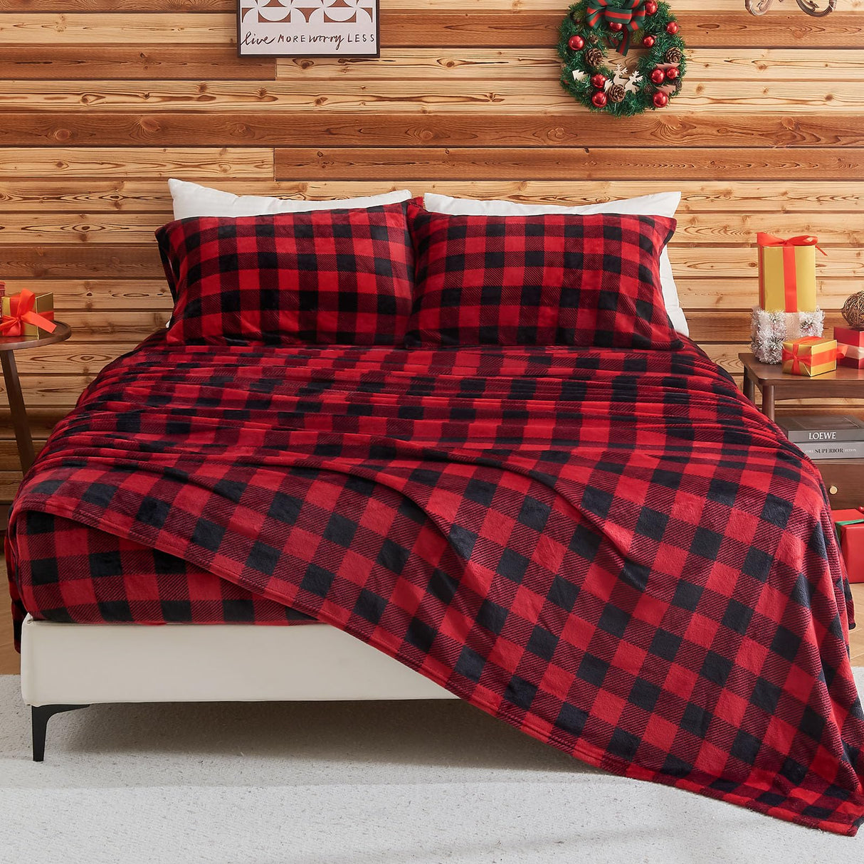 BEDELITE Flannel Sheets Queen Size Bed Set, Luxury Red and Black Plaid Christmas Bedding Set, Super Soft & Warm Fuzzy Fleece Sheets 4 Piece(Include Fitted Sheet, Flat Sheet, 2 Pillowcases)