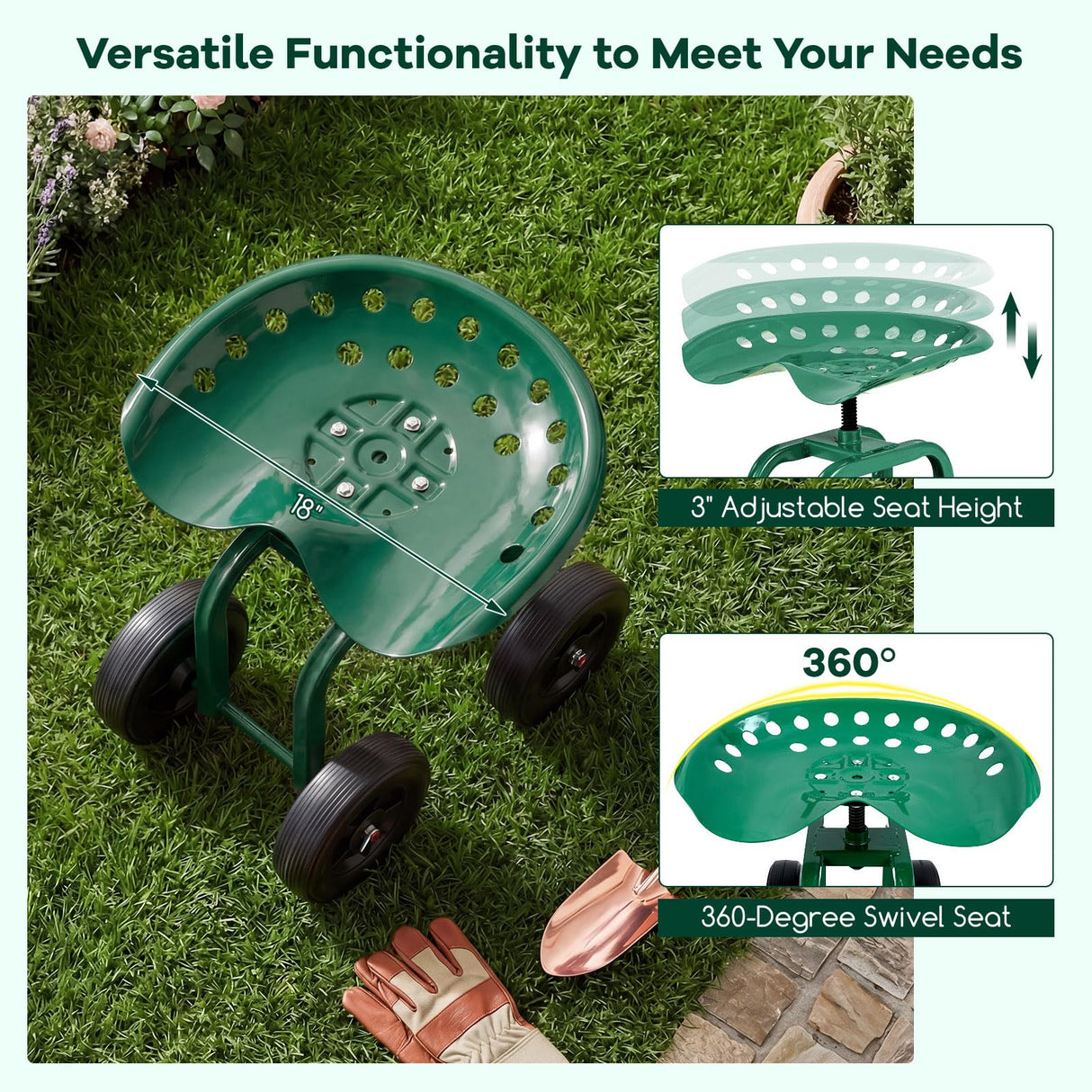 Goplus Garden Cart with Wheels, Utility Stool Cart w/Adjustable 360 Degree Swivel Seat, Outdoor Lawn Yard Rolling Work Seat, Garden Scooter for Planting (Green)