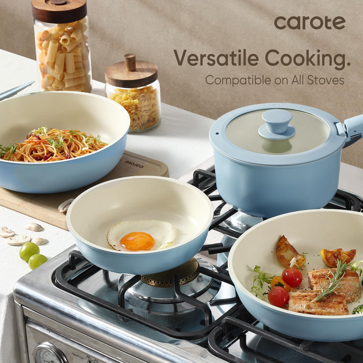 CAROTE Pots and Pans Set, Nonstick Cookware Set Detachable Handle, 15pcs Induction Kitchen Cookware Sets Non Stick with Removable Handle, RV Cookware Set, Oven Safe, Blue