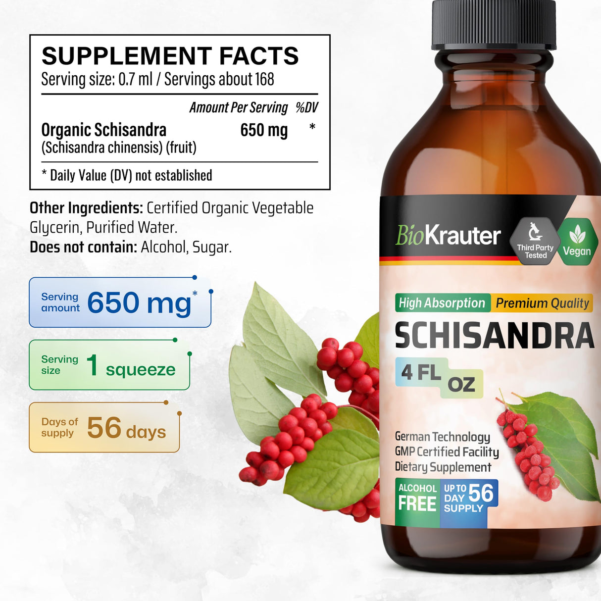 BIO KRAUTER Schisandra Berry Drops - Natural Schisandra Supplement for Mood Support - Alcohol & Sugar Free Extract - 4 Fl.Oz.