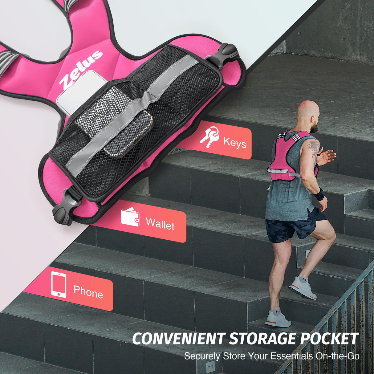 ZELUS Weighted Vest for Men and Women, Adjustable Body Weight Vest Exercise Set for Workouts, 4-10lb/11-20lb/20-32lb with 6 Ironsand Weights for Cardio Strength Training Walking Jogging, 4-10lb. Pink