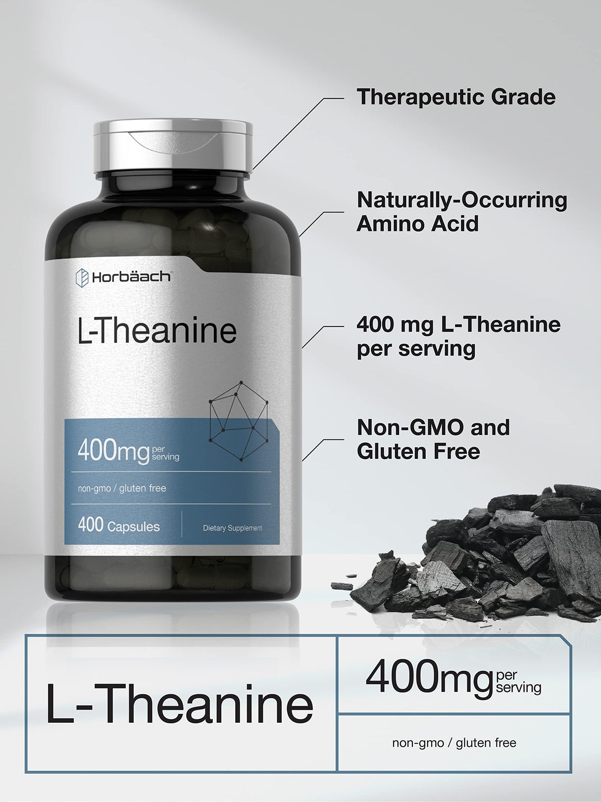 Horbäach L-Theanine 400mg | 400 Capsules | High Potency Supplement | Non-GMO & Gluten Free
