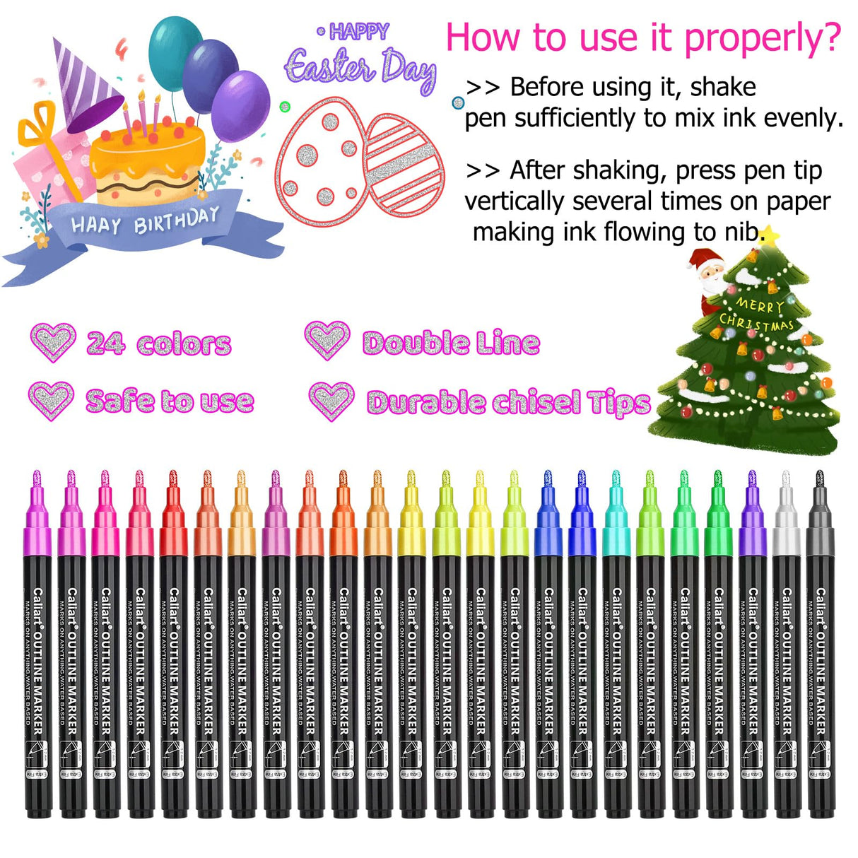 Caliart 24 Colors Outline Glitter Markers, Shimmer Metallic Pens Stocking Stuffers Christmas Gifts Trendy Stuff, Cool Fun Craft Drawing Arts Supplies Set