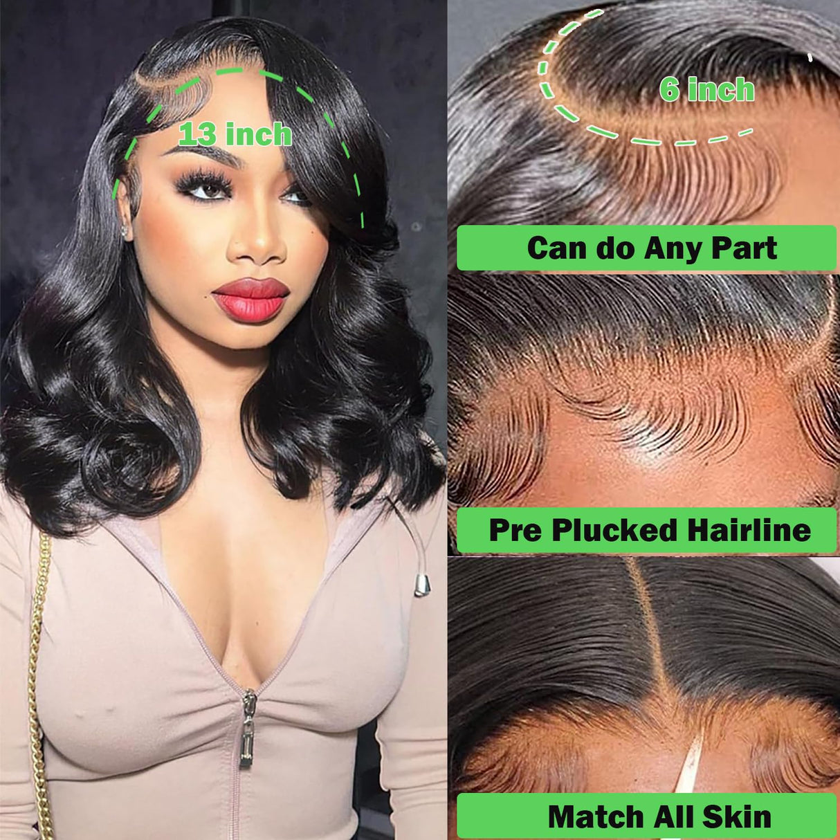 Bob Wig Human Hair 13x6 Body Wave HD Lace Front Wigs Human Hair 200% Density Glueless Lace Frontal Wigs Human Hair Pre Plucked Short Bob Wigs for Black Women Natural Black 14 inch Wavy Human Hair Wig