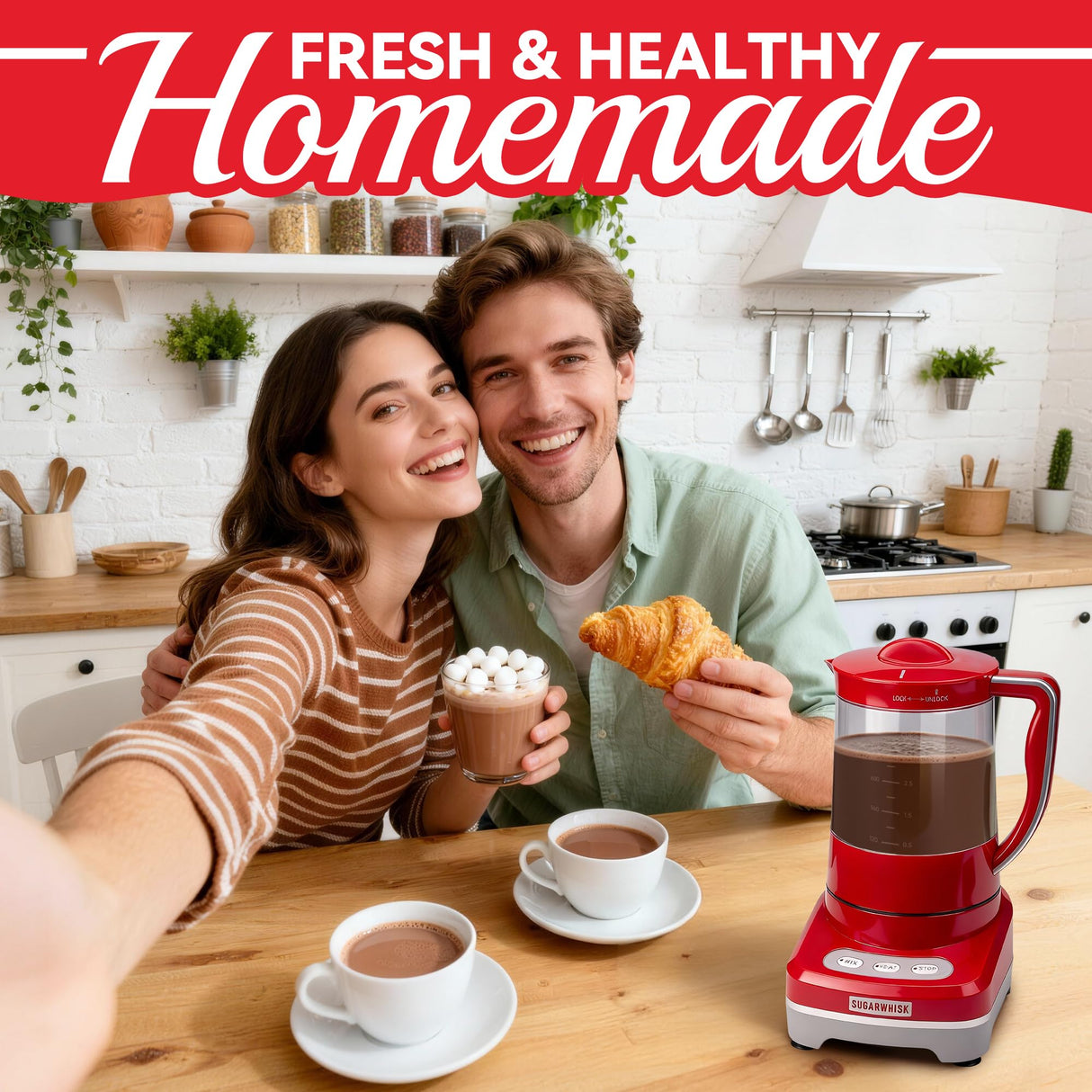 SugarWhisk 29 Oz Hot Chocolate Maker Machine, Electric Milk Frother and Steamer, Hot Cocoa Maker Machine for Hot Chocolate Bar, Detachable Pitcher, 2 Speed Mode, 3.5 Cups, Red