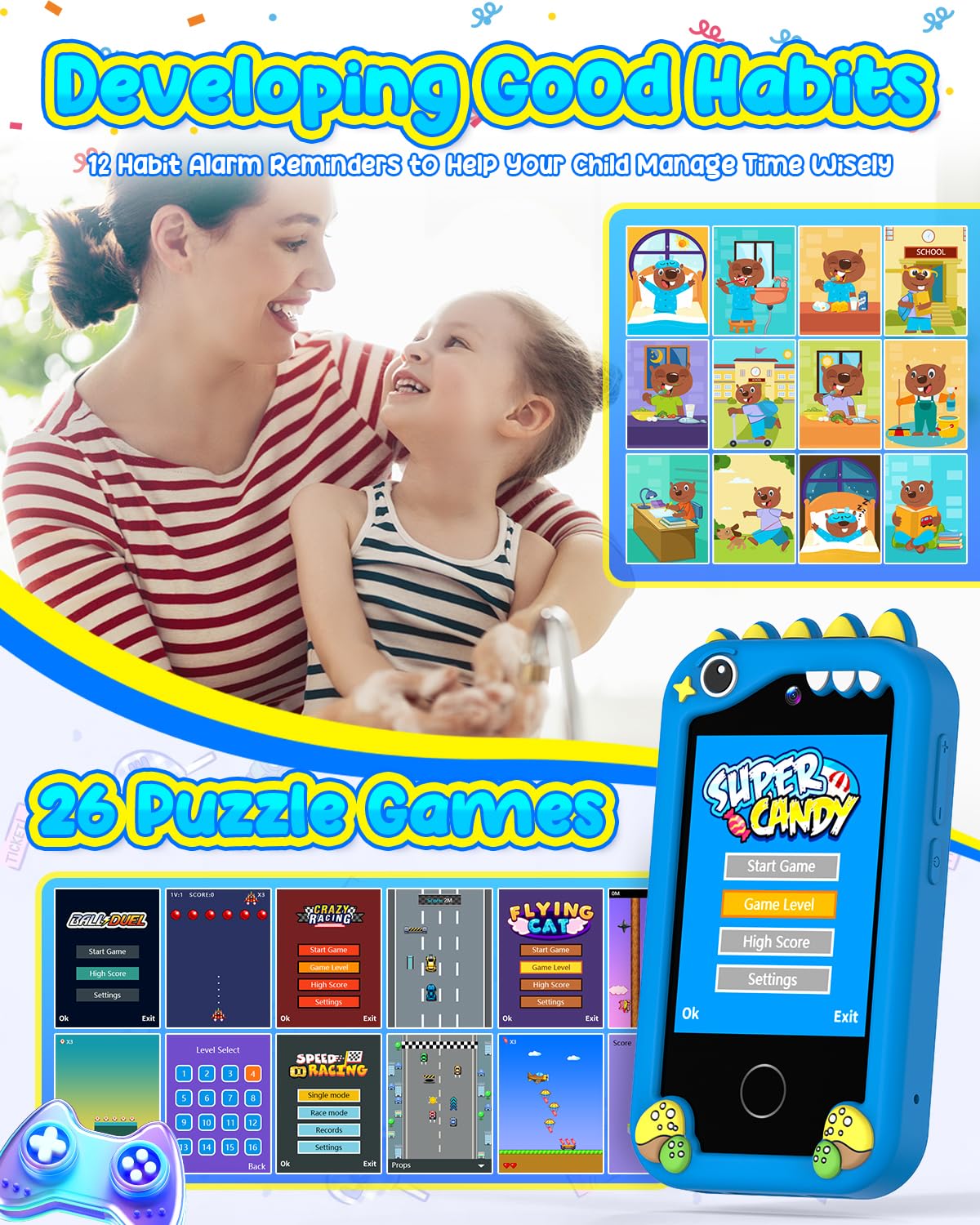 BESTOONE Kids Smartphone Toy for 3-8 Year Old Girls & Boys - No Internet/Calls, HD Camera, MP3 Player, Learning Games | Christmas Birthday Gift for Toddlers (Blue)