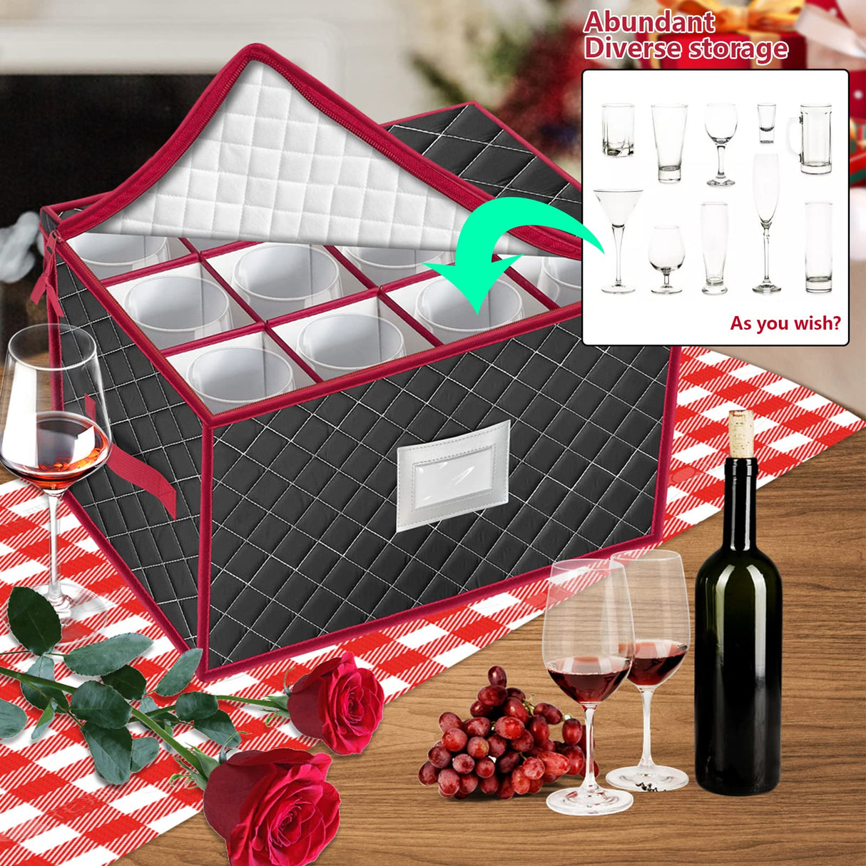 VERONLY Christmas Stemware Storage Cases with Dividers- Holds 24 Wine Glass Storage or Crystal Glassware Containers, China Storage Containers with 2 Handles and Lable Window -Set of 2 Black