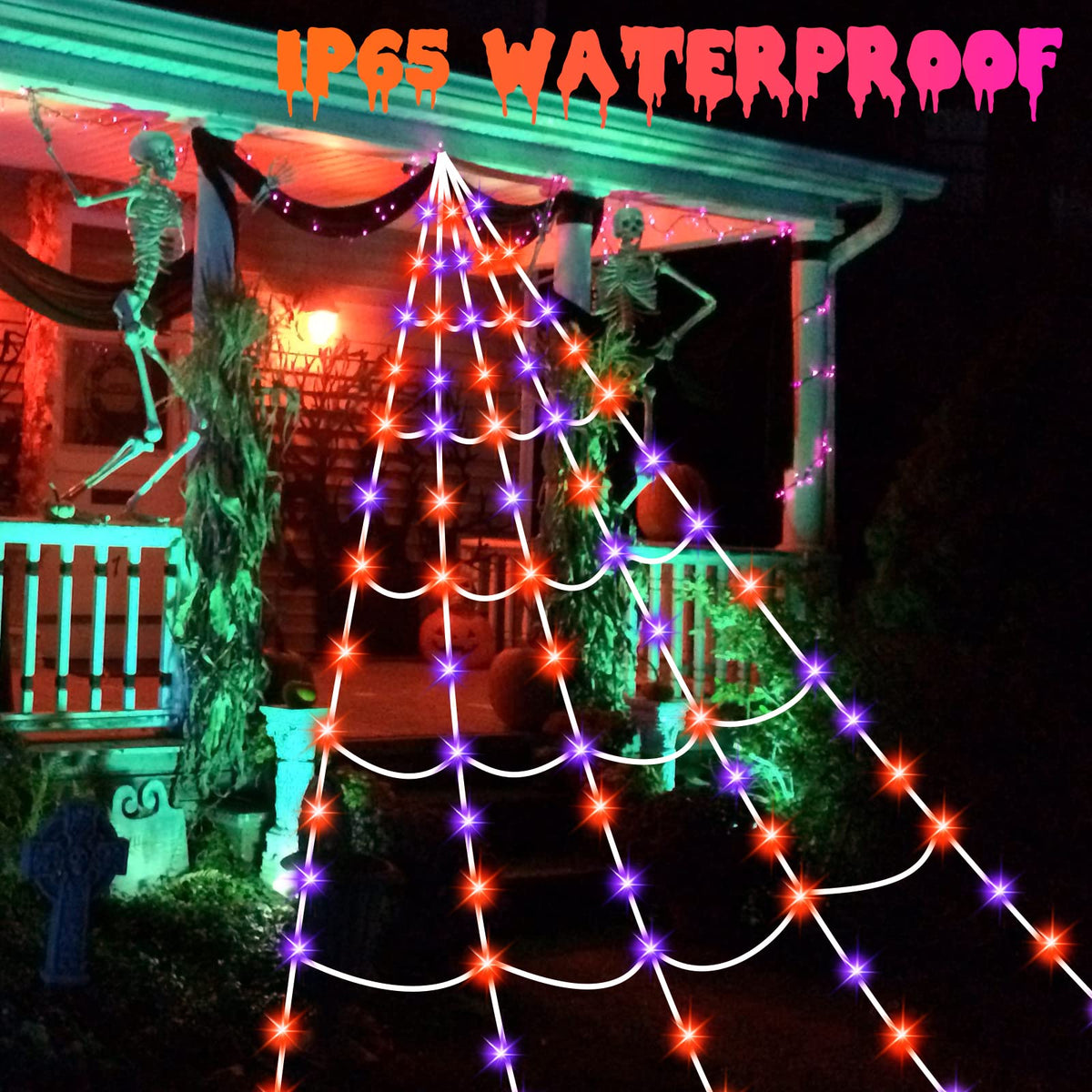 Halloween Spider Web Lights 150 LED Lighted Spider Web Giant 16.4 Ft Halloween Decorations Light up with 8 Lighting Modes Waterproof & Timer Outdoor Indoor Yard Haunted House Decor, Purple & Orange