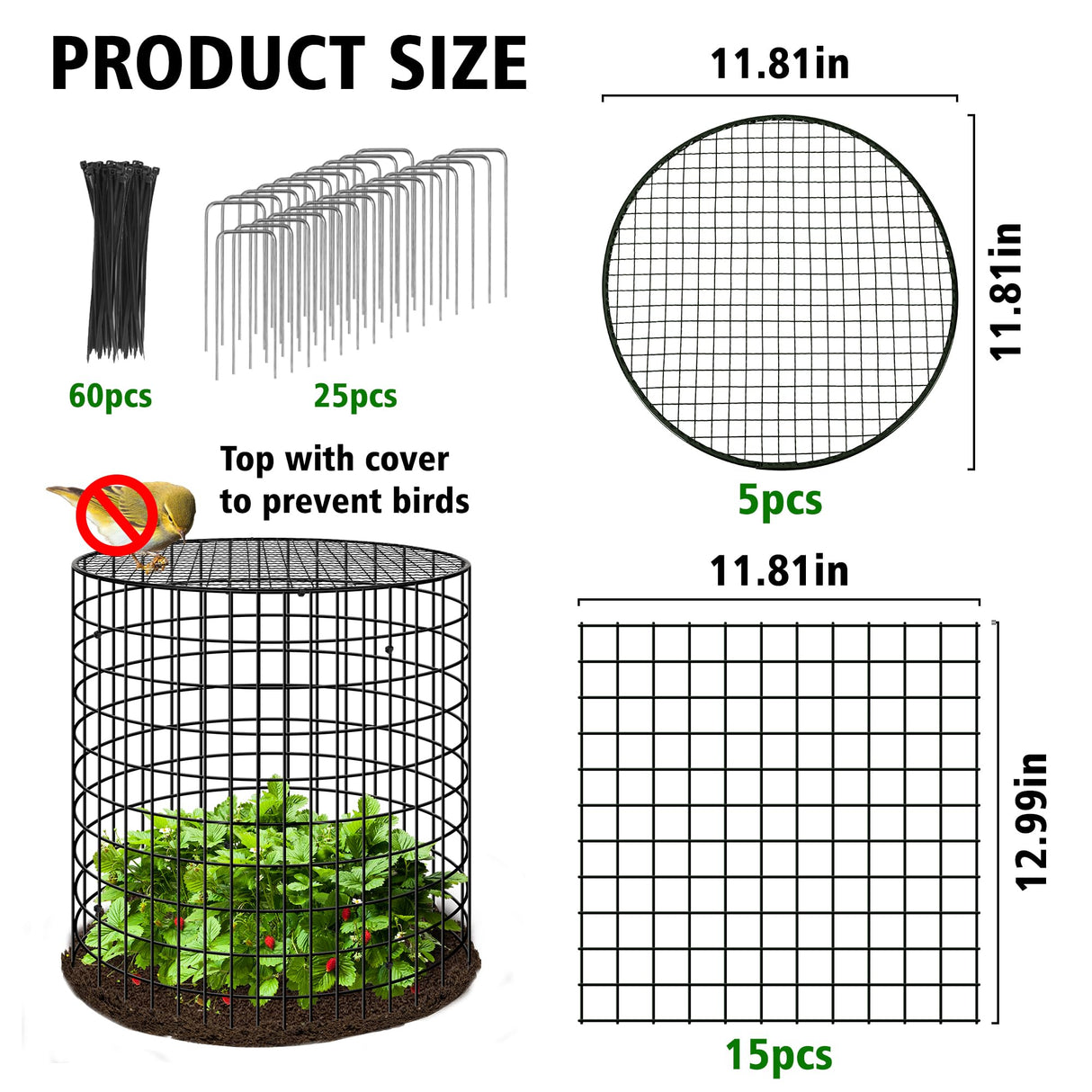 Hi Sasara 5 Sets Wire Plant Protectors Cage with Staples,11.8" Dia x 11.8" H,Plant Protector with Round Lids to Keep Animals Out,Wire Plant Protector Cage for Plants Vegetables Flower