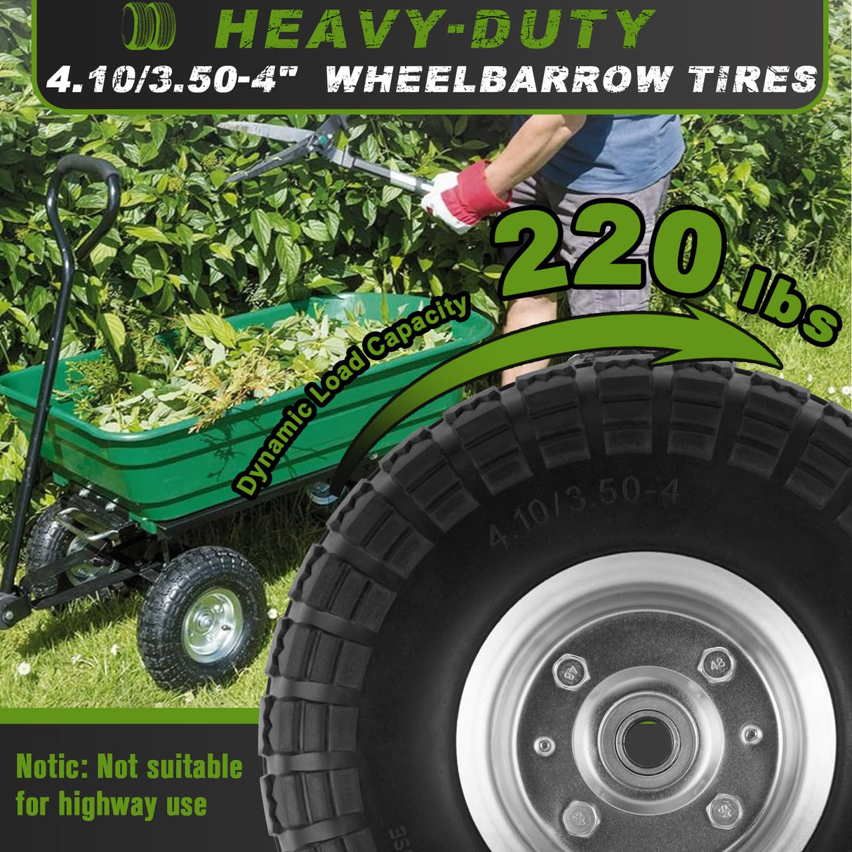 4 Pcs 4.10/3.50-4" Tire and Wheel Flat Free, 10 Inch Solid Rubber Tires with 5/8" Axle Bore Hole, 2.2" Offset Hub for Hand Truck, Wheelbarrow, Gorilla Cart, Garden Wagon Cart, Dolly, Utility Cart