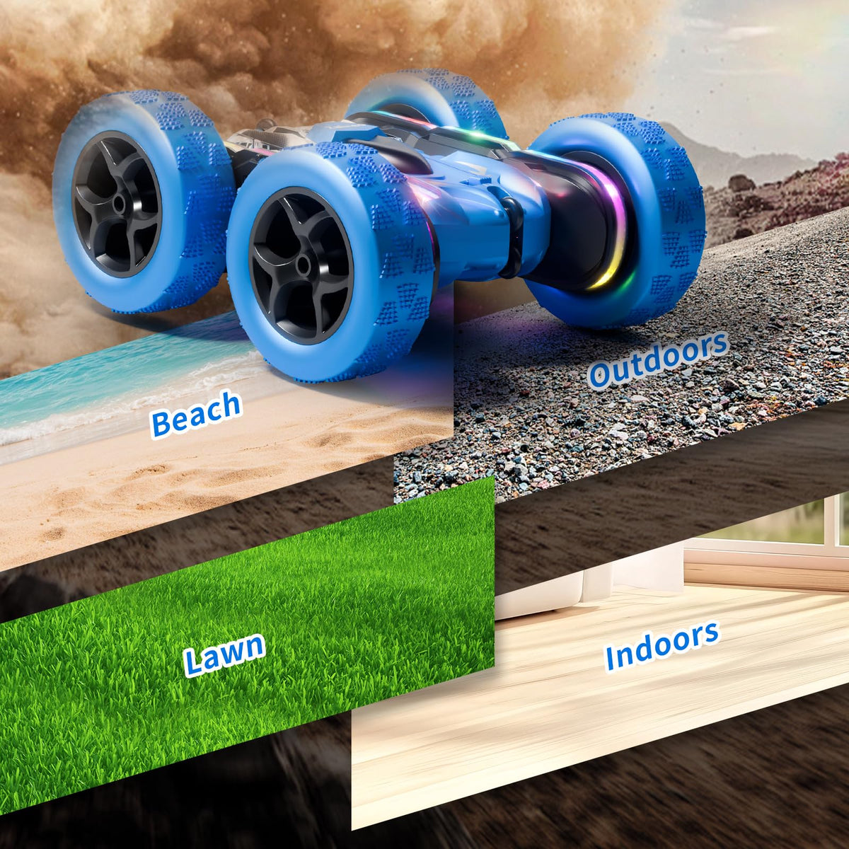 Zalneo Remote Control Stunt Car 4WD 360° Flip Double‑Sided RC Cars, LED Light Bar, USB‑C Modular Battery, 2.4 GHz Outdoor Beach Toy for Boys 6‑12 Years Old, Birthday & Christmas Kids Gift, Blue