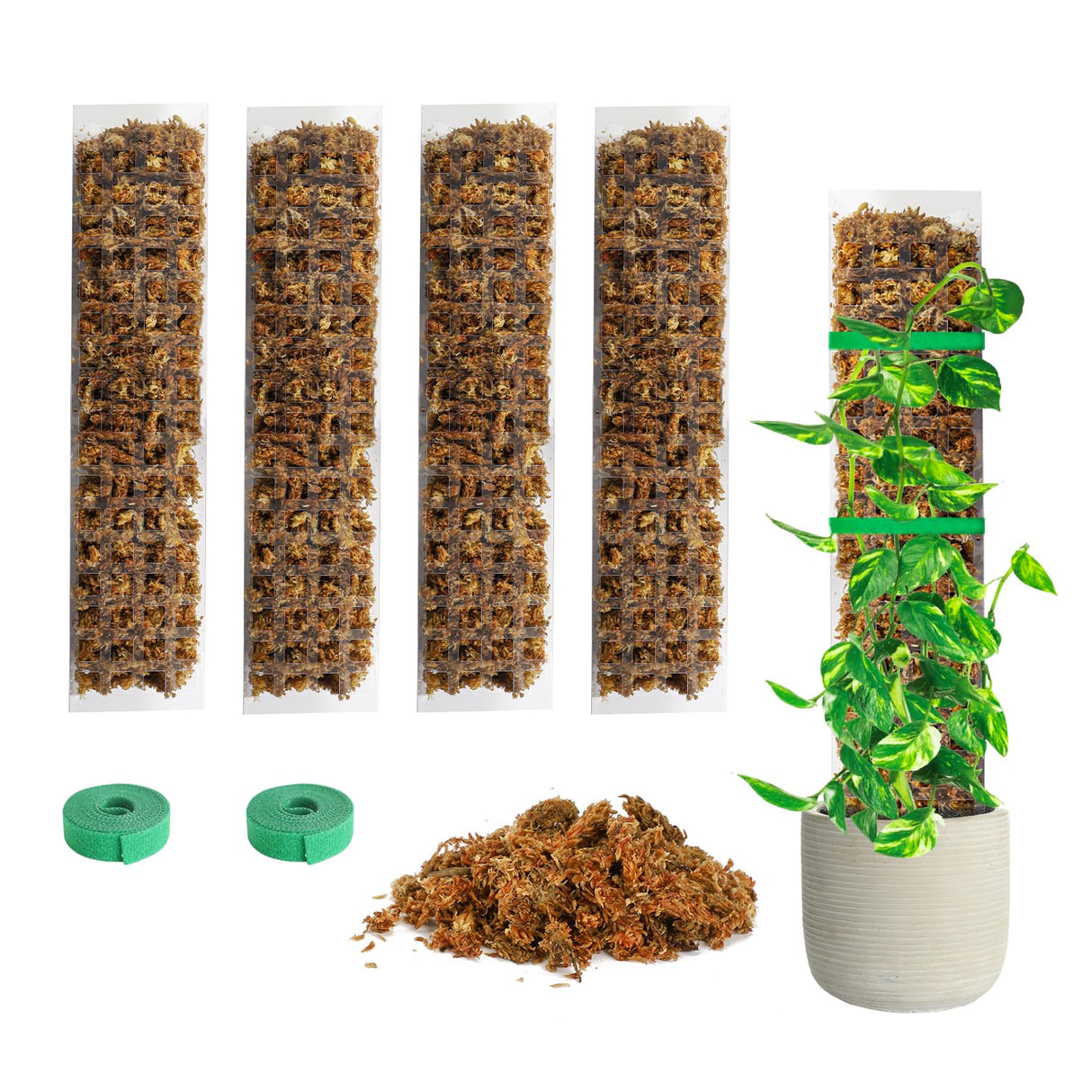 Bonviee 4-Pack 15-Inch Plastic Moss Poles for Monstera & Climbing Plants - Stackable to 60 Inches, Includes Sphagnum Moss & Garden Ties for Indoor Plant Support