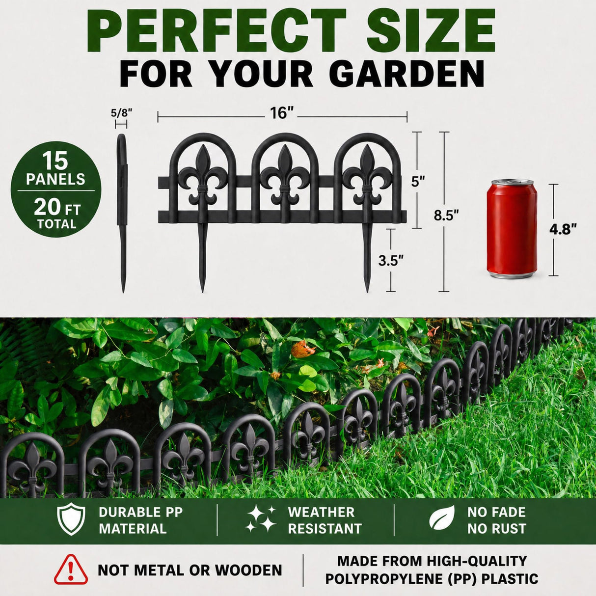 Evelyne Black Garden Border Plastic Edging – PP Plastic, Metal-Free Wrought Iron Look Design, 15pcs Black Yard Landscaping Fence Liner Lawn Edge Barrier, 20ft Kit of Decorative Lawn Landscape Panels