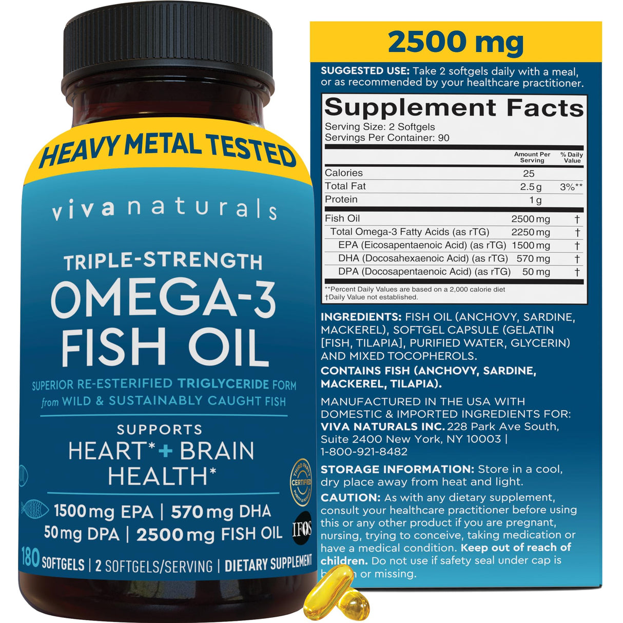 Triple Strength Omega 3 Fish Oil Supplement for Men and Women – 2500 mg High-Potency, Easy-to-Absorb Re-esterified Triglyceride Form, Pescatarian-Friendly DPA EPA DHA Omega 3 Supplement, 180 Softgels
